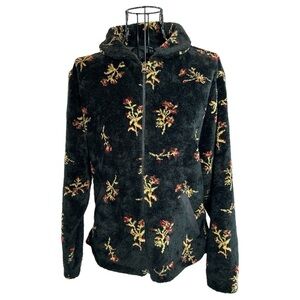 VTG Black Diamond Sherpa Fleece Botanical Floral Print Jacket Black Size Small